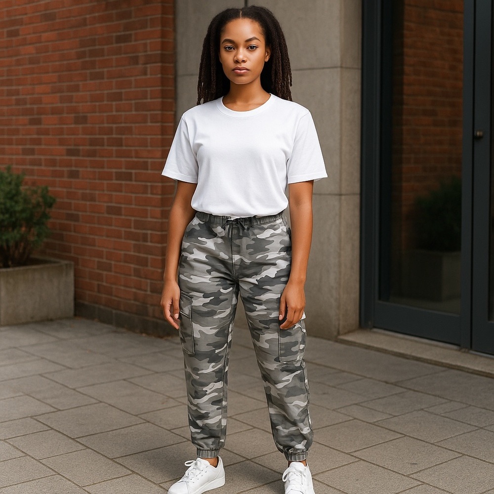 Grey and Black Camouflage Utility Jean Jogger Pull-On Pants